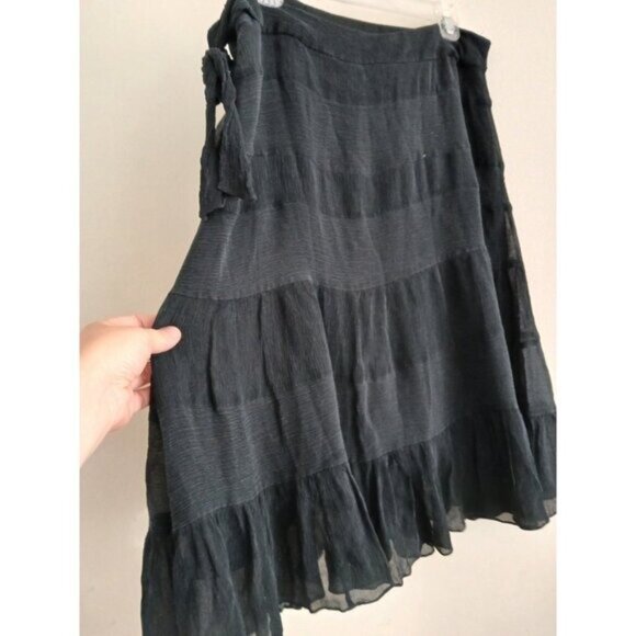 Y2K Womens 12 100% Silk Skirt  Black Crepe Tiered  Knee Length Boho Gothic - Picture 8 of 10